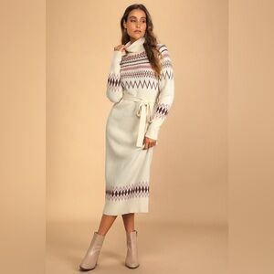Chilly Forecast Cream Multi Knit Turtleneck Sweater Midi Dress XS